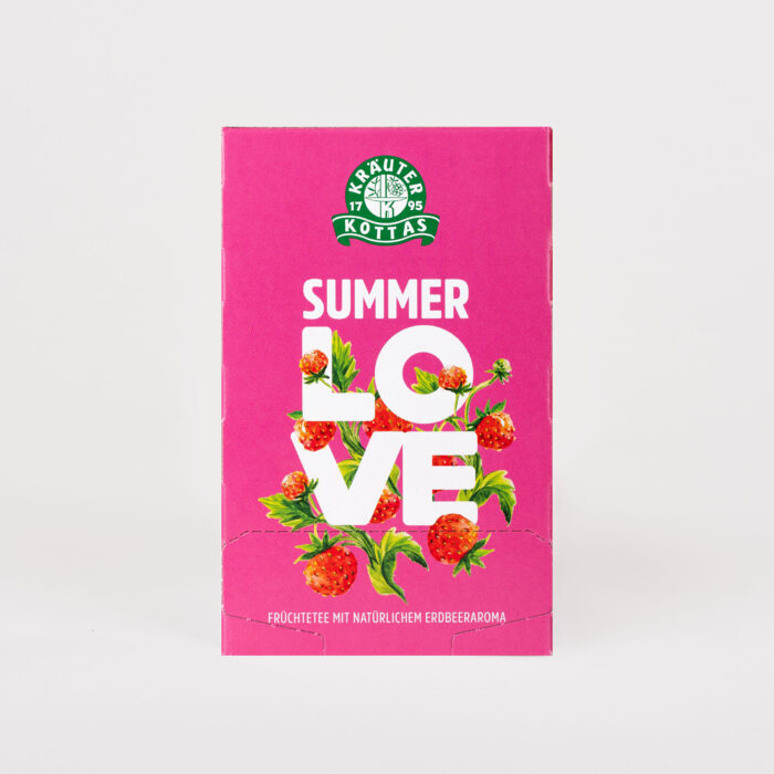 Grauer Hintergrund mit Summer Love Früchtetee mit echten Erdbeeren