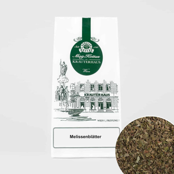 Eine weiße Packung mit grünem Logo für den Melissenblätter Tee von KOTTAS.
