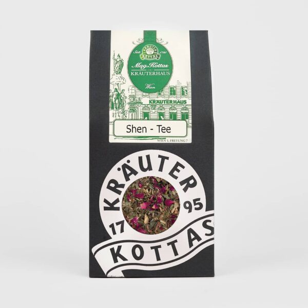 Eine Packung Tee, die auf Traditioneller Chinesischer Medizin basiert. Dunkle Verpackung mit silbernen Akzenten und grünem Logo.