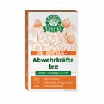 Eine Packung DR. KOTTAS Abwehrkräftetee in buntem Orange, verziert mit gezeichneten Blumen.