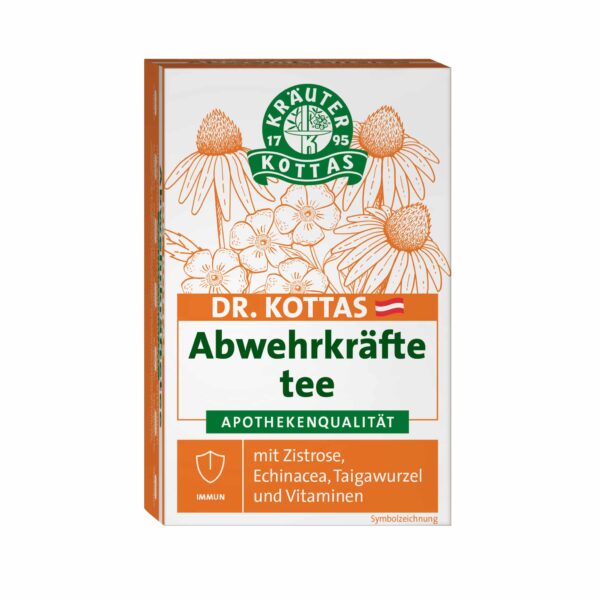 Eine Packung DR. KOTTAS Abwehrkräftetee in buntem Orange, verziert mit gezeichneten Blumen.