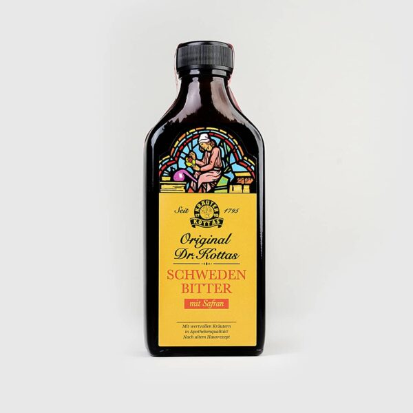 A dark bottle of DR. KOTTAS herbal bitters which aids digestion.