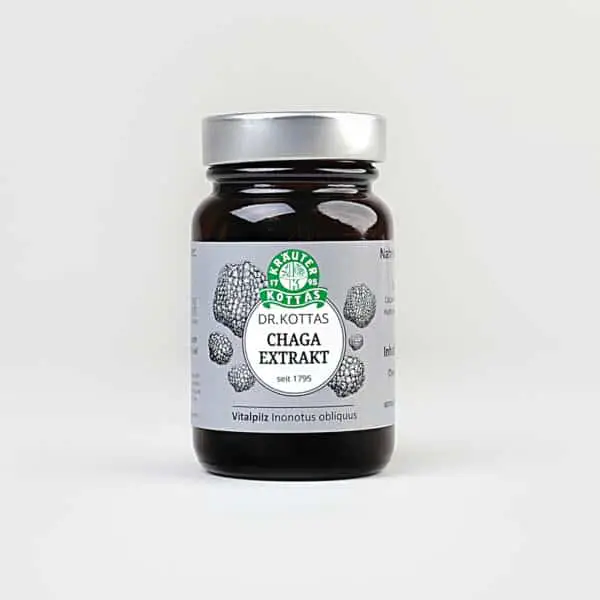 Eine Dose DR. KOTTAS Vitalpilz Chaga, die 60 Kapseln enthält und Haut sowie Schleimhäute erhält.