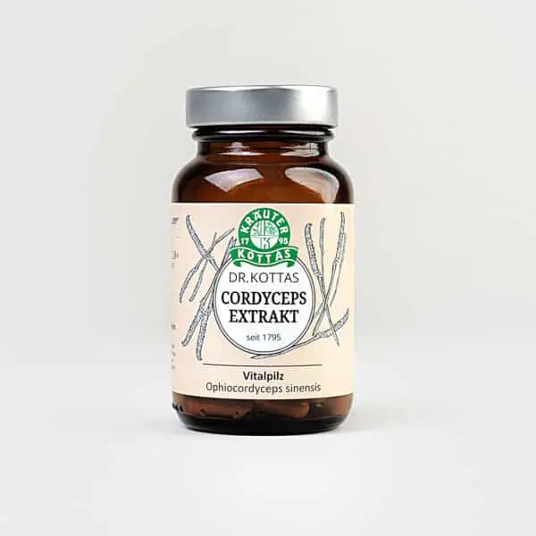 Eine Dose DR. KOTTAS Vitalpilz Cordyceps, die 60 Kapseln beinhaltet und sowohl die geistige als auch körperliche Widerstandsfähigkeit unterstützt.