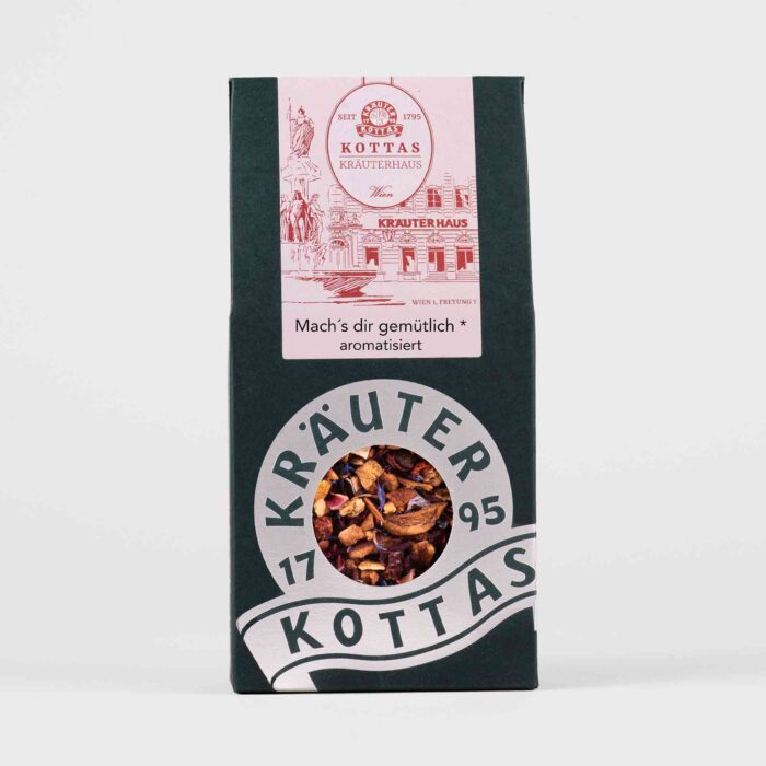 Eine Packung Früchtetee von KOTTAS, die eine Mischung aus harmonischen Kräutern beinhaltet.