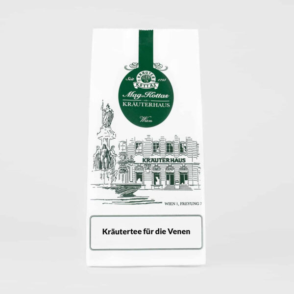 Eine weiße Papierverpackung von KOTTAS Venentee, mit grünen Akzenten.