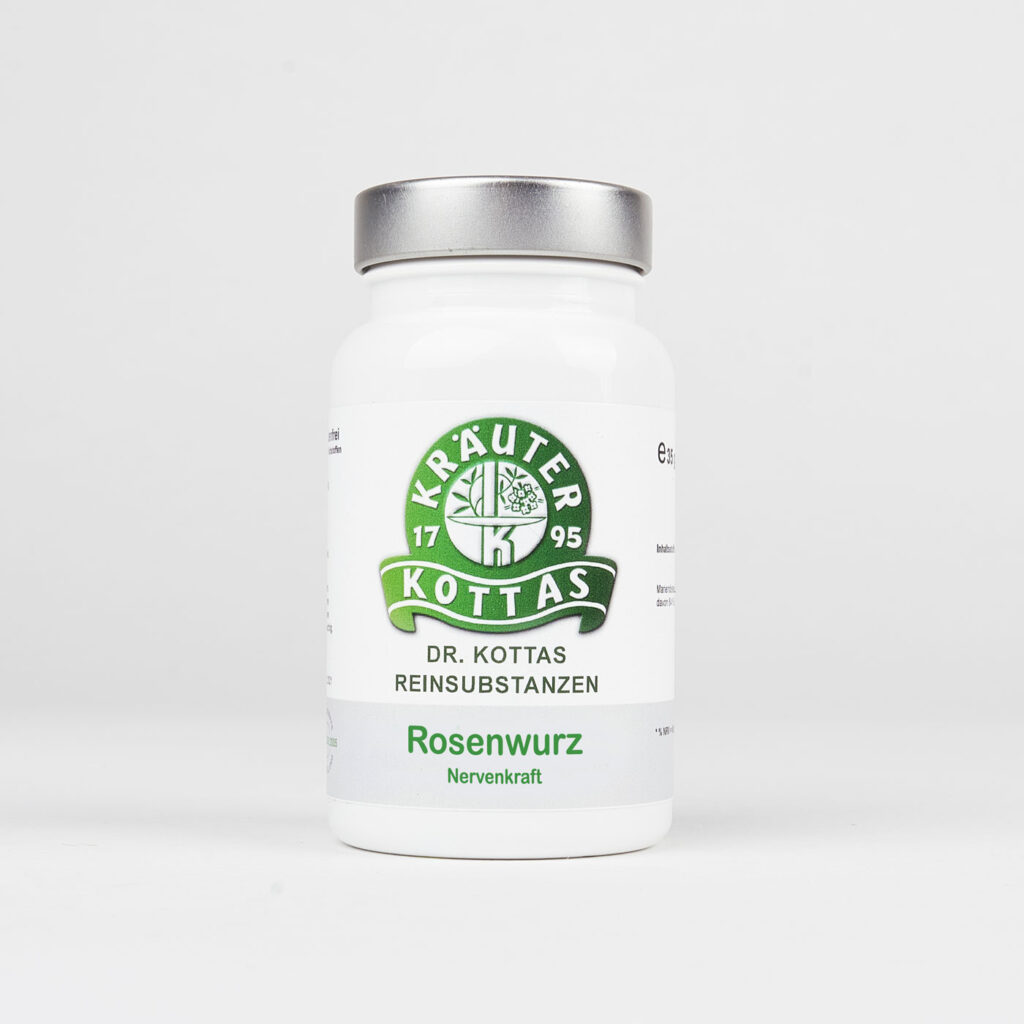 A bottle of rose root capsules from DR. KOTTAS in a white bottle with the green company logo.