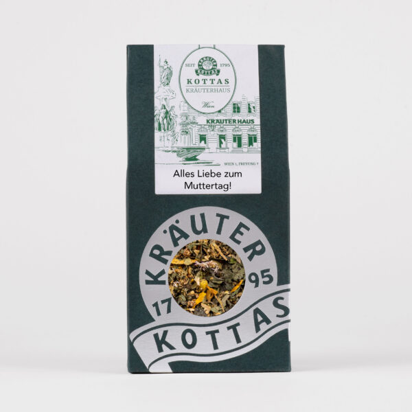 KOTTAS Mother's Day Tea in green packaging with a view of the lose and colourful tea leaves.
