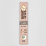 A package of Sagrada Madre incense sticks with lemongrass and palo santo in brown sustainable packaging with gold decorations.