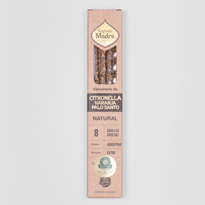 A package of Sagrada Madre incense sticks with lemongrass and palo santo in brown sustainable packaging with gold decorations.