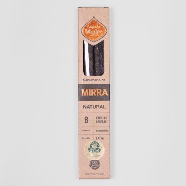 A packet of Sagrada Madre incense with Myrrh in brown sustainable packaging.