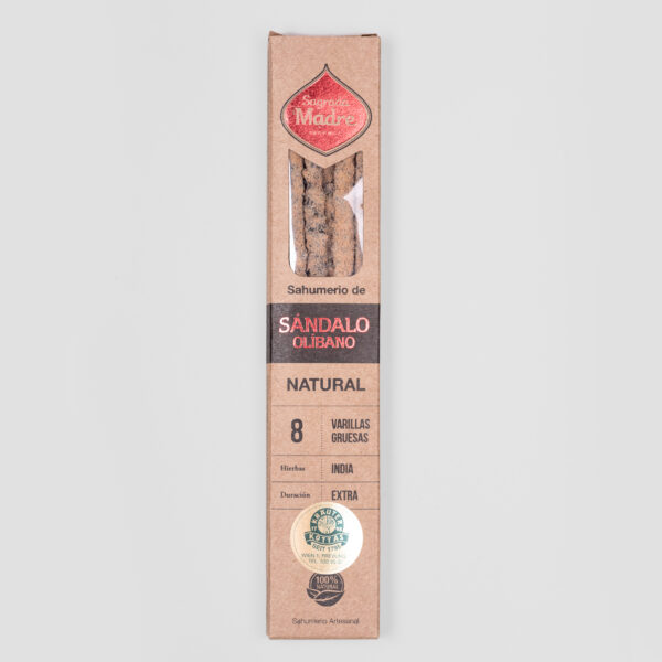 A package of Sagrada Madre incense sticks with sandalwood and frankincense in brown sustainable packaging with sparkling red decorations.