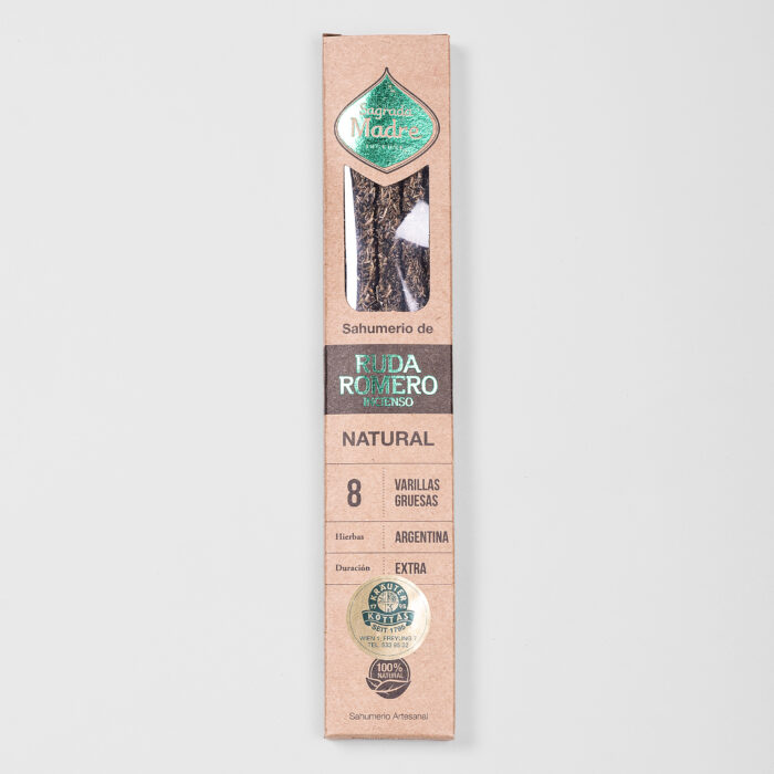 A brown sustainable packaging with sparkling green decorations of Sagrada Madre incense sticks with rosemary and frankincense.