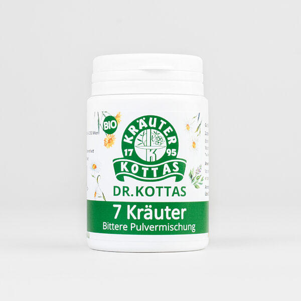 A white pack of DR. KOTTAS 7 herbs bitter powder in organic quality.