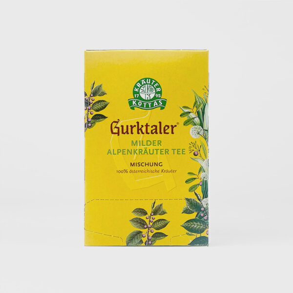 Gelbe Verpackung mit Kräuterillustrationen und 20 Filterbeutel mit milden Gurktaler Alpenkräutertee.
