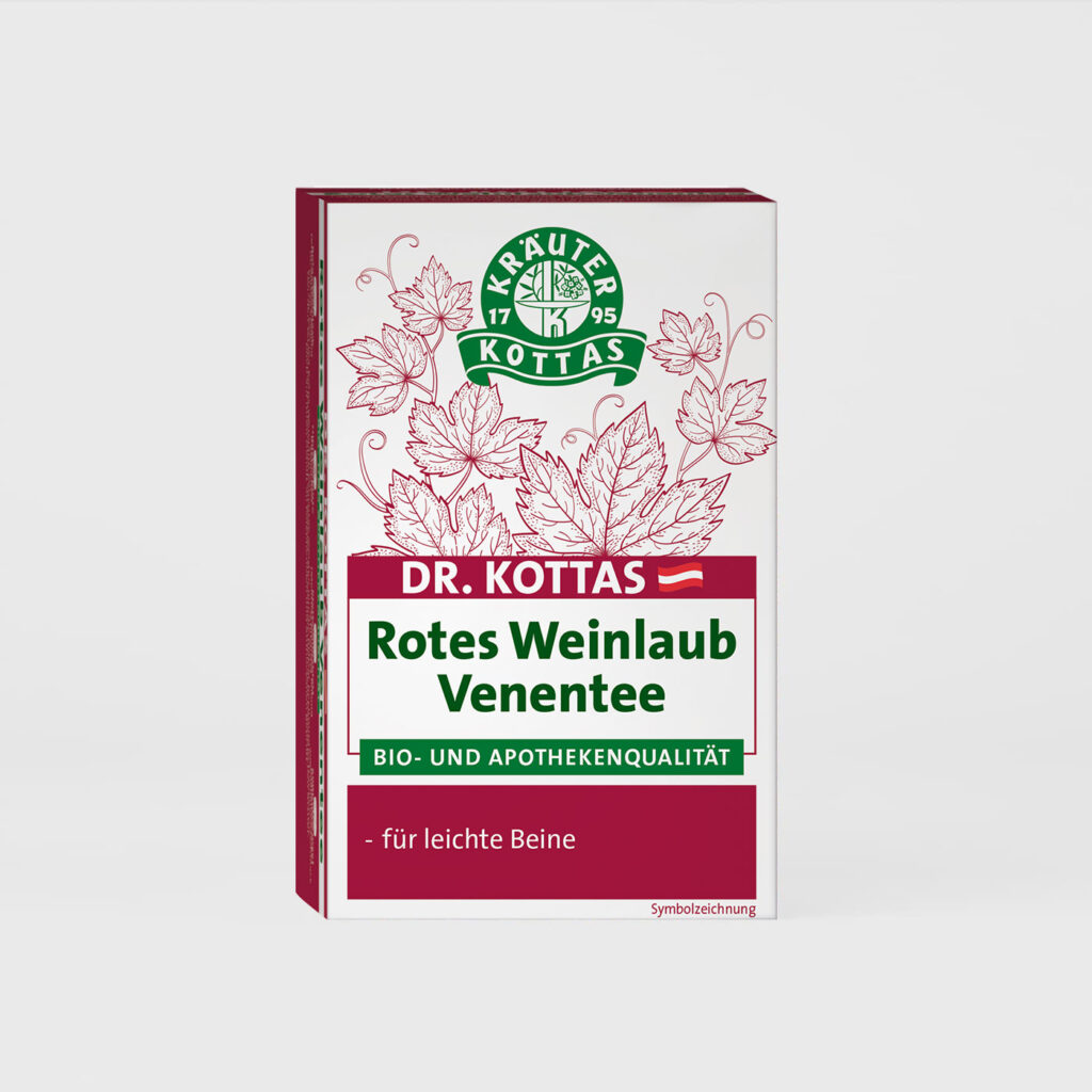 Grauer Hintergrund mit DR. KOTTAS Rotes Weinlaub Venen Tee Packung