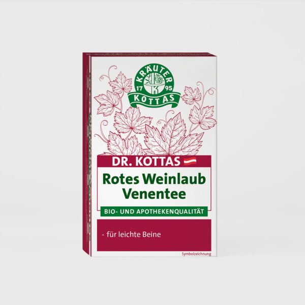 Grauer Hintergrund mit DR. KOTTAS Rotes Weinlaub Venen Tee Packung