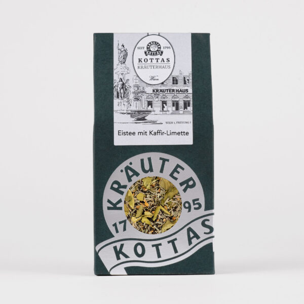 Dunkelgrüne KOTTAS Kräuterhaus Teepackung mit Eisteemischung bestehend aus Darjeeling Schwarztee, Lemongras, Zitronenschale und Kaffir-Limette