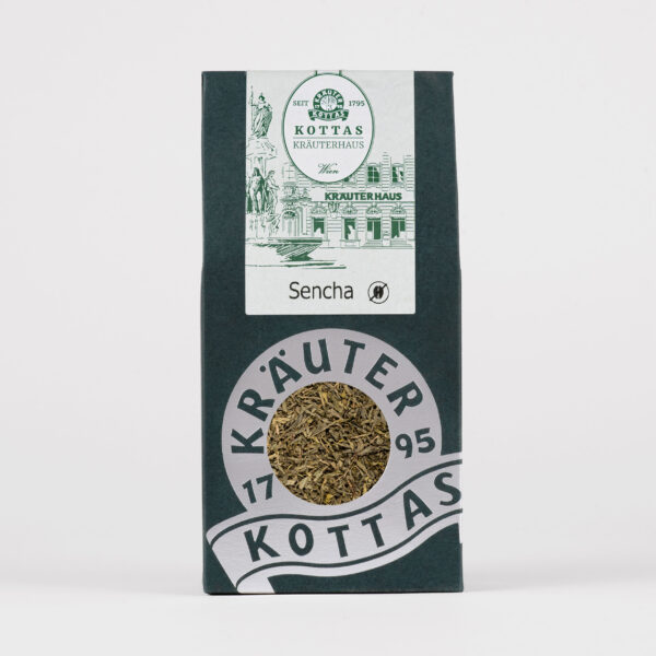 Dunkelgrüne KOTTAS Kräuterhaus Teepackung mit koffeinfreien Sencha Grüntee
