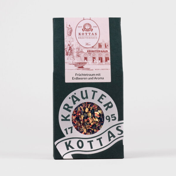 Dunkelgrüne Verpackung mit KOTTAS Kräuterhaus Früchteteemischung mit echten Erdbeeren