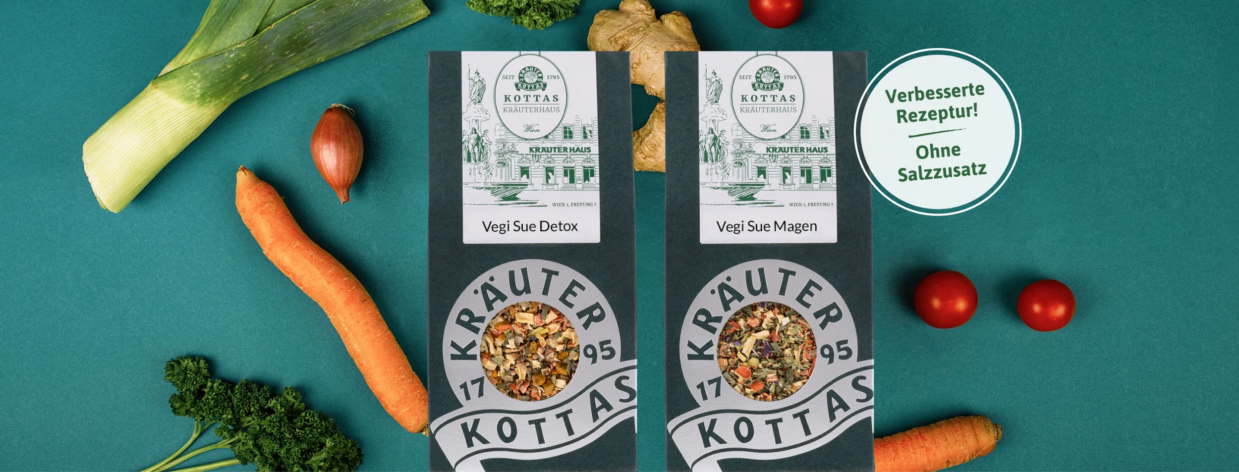 Gemüse auf türkisem Hintergrund mit Vegi Sue Detox-Gemüsetee und Vegi Sue Magen-Tee.