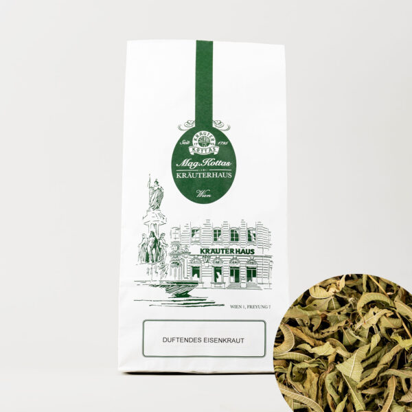 Weiße KOTTAS Kräuterhaus Teepackung mit getrockneten Blättern der Zitronenverbene für einen Teeaufguss