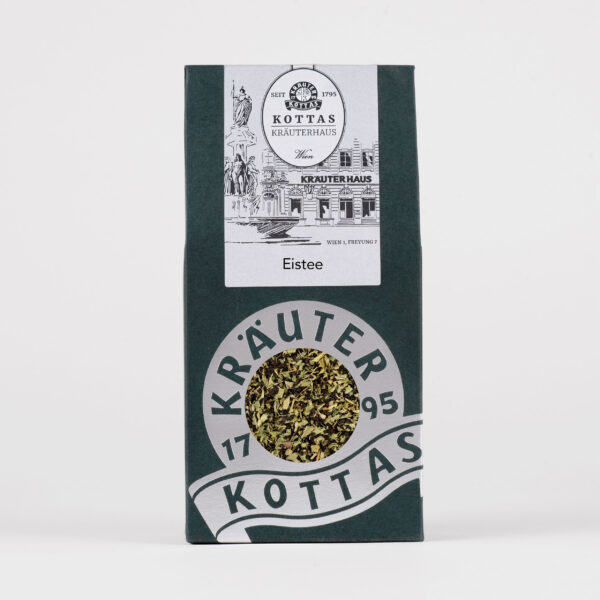 Dunkelgrüne KOTTAS Kräuterhaus Teepackung mit Eisteemischung bestehend aus Englisch Breakfast Schwarzteemischung, duftendes Eisenkraut und Nanaminze