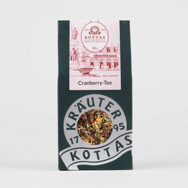 Dunkelgrüne KOTTAS Kräuterhaus Teepackung mit Teemischung bestehend aus Cranberries, Äpfel, Hibiskus, Brombeerblätter und weiteren Zutaten