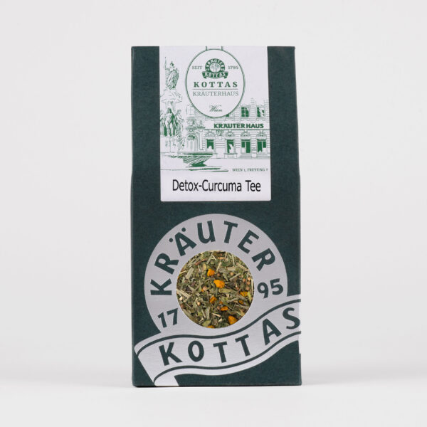 Eine dunkelgrüne Packung loser KOTTAS Kräuterhaus Detox-Curcuma-Tee