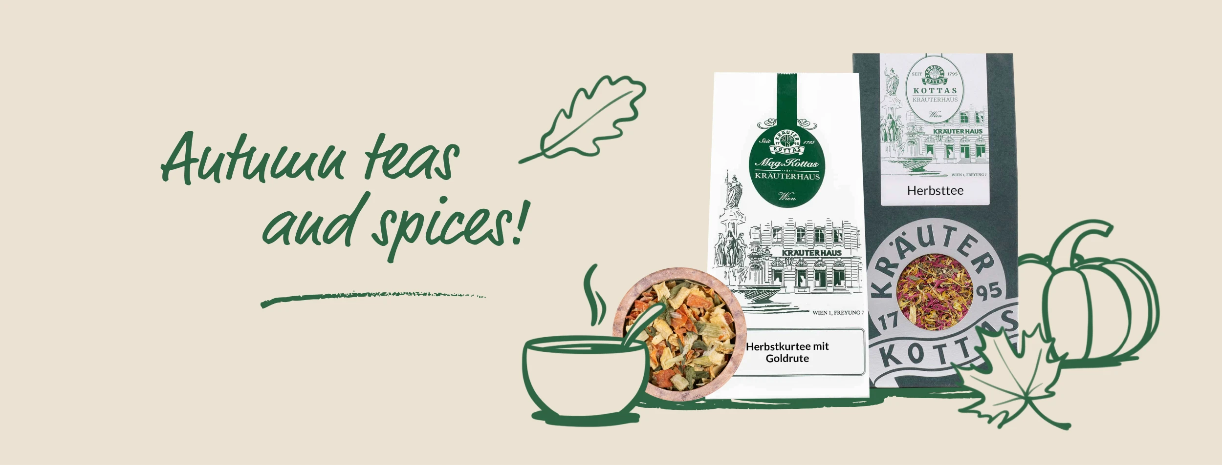 Light brown banner with dark green leaf and pumpkin illustrations and a selection of autumnal Kräuterhaus products consisting of Autumn Cure Tea, Autumn Tea and Soup Seasoning