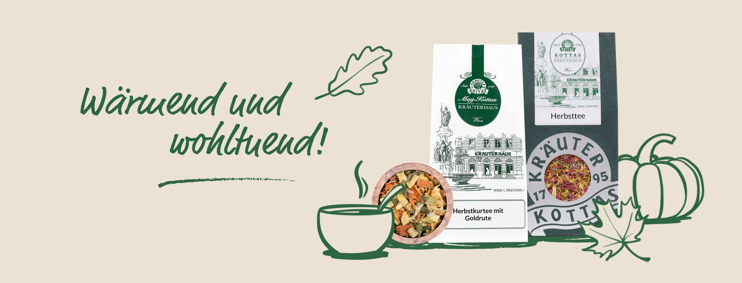 Hellbrauner Banner mit grünen Illustrationen von Blättern und Kürbis sowie einer Auswahl von KOTTAS Kräuterhaus Herbstprodukten bestehend aus Suppengewürz, Herbstkurtee und Herbsttee