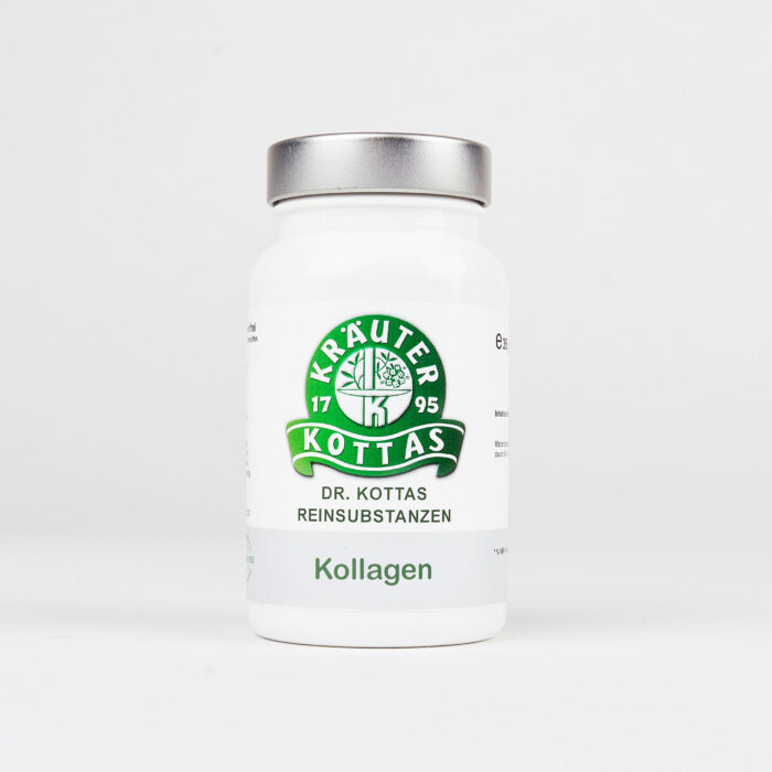 Weiße Dose vor grauem Hintergrund mit DR. KOTTAS Kollagen mit grünem KOTTAS Logo