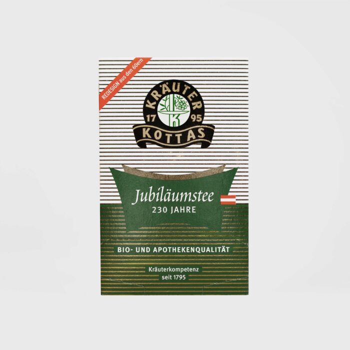 DR. KOTTAS Bio-Jubiläums-Kräutertee in einer Verpackung mit goldschimmernden Streifen.