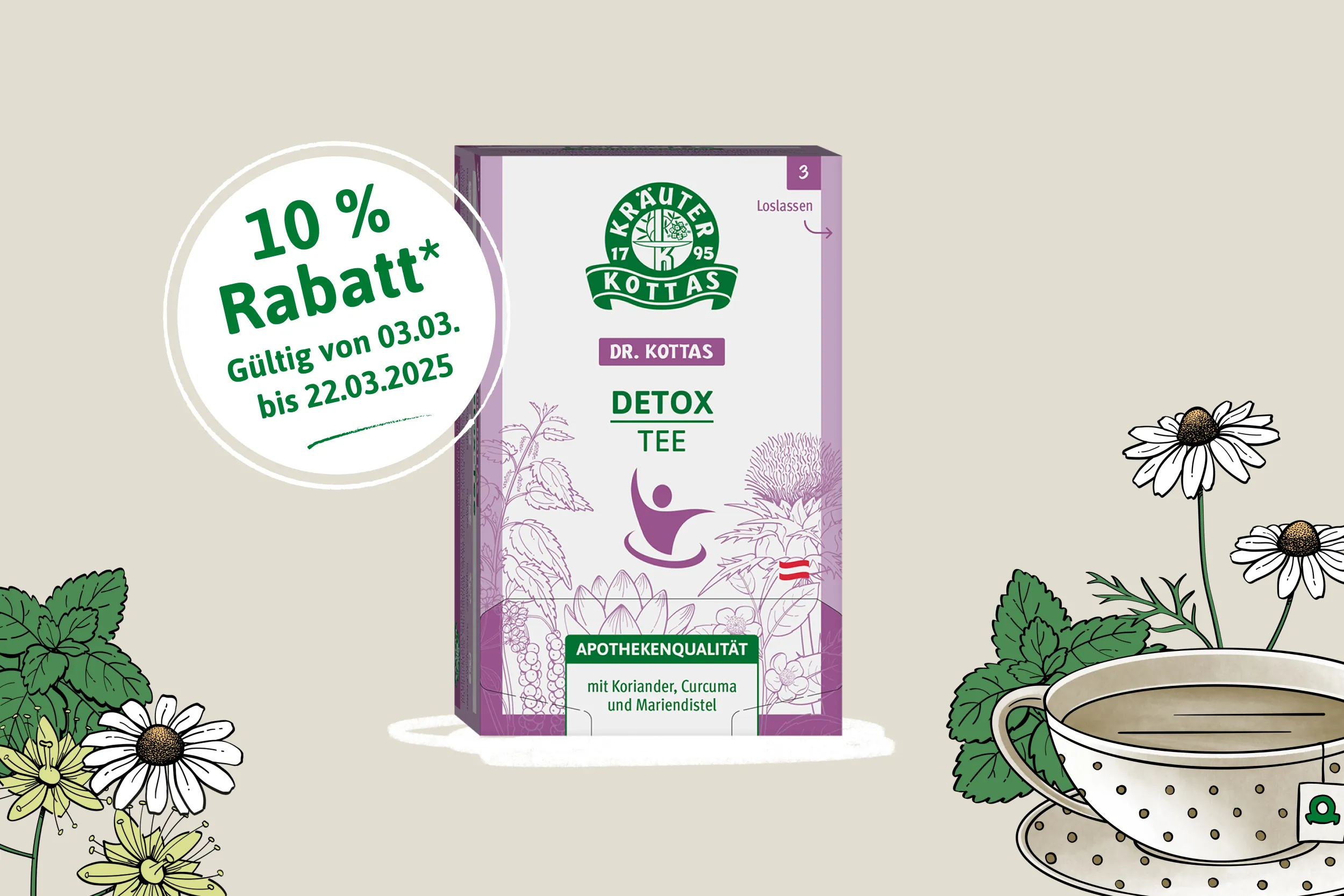 Jubiläumsaktion: 10 % Rabatt auf den DR. KOTTAS Detox-Tee Bio. Gültig von 01.03. bis 22.03.2025