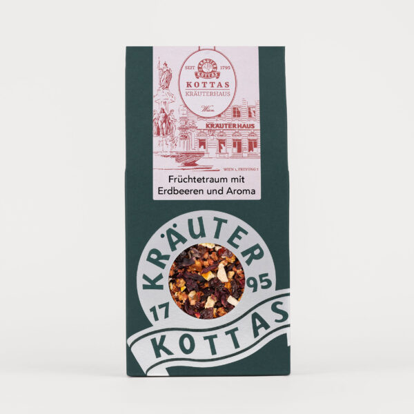 Grüne Packung KOTTAS Kräuterhaus Früchtetraum-Tee mit Erdbeeren und Aroma
