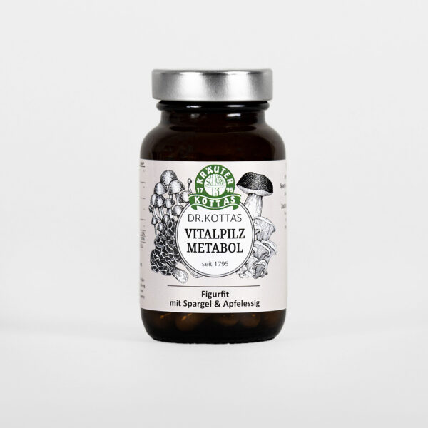 Dunkle Glasdose mit DR. KOTTAS Vitalpilz Metabol Kapseln