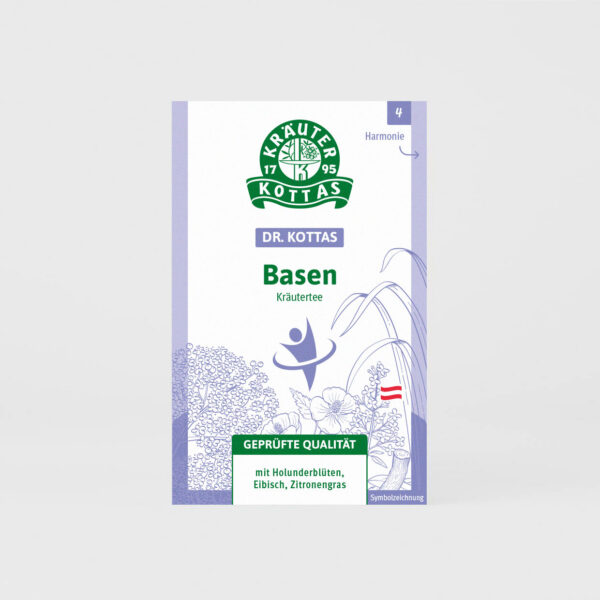 Eine Packung DR. KOTTAS Basen Kräutertee im Filterbeutel mit hellvioletten Kräuterillustrationen
