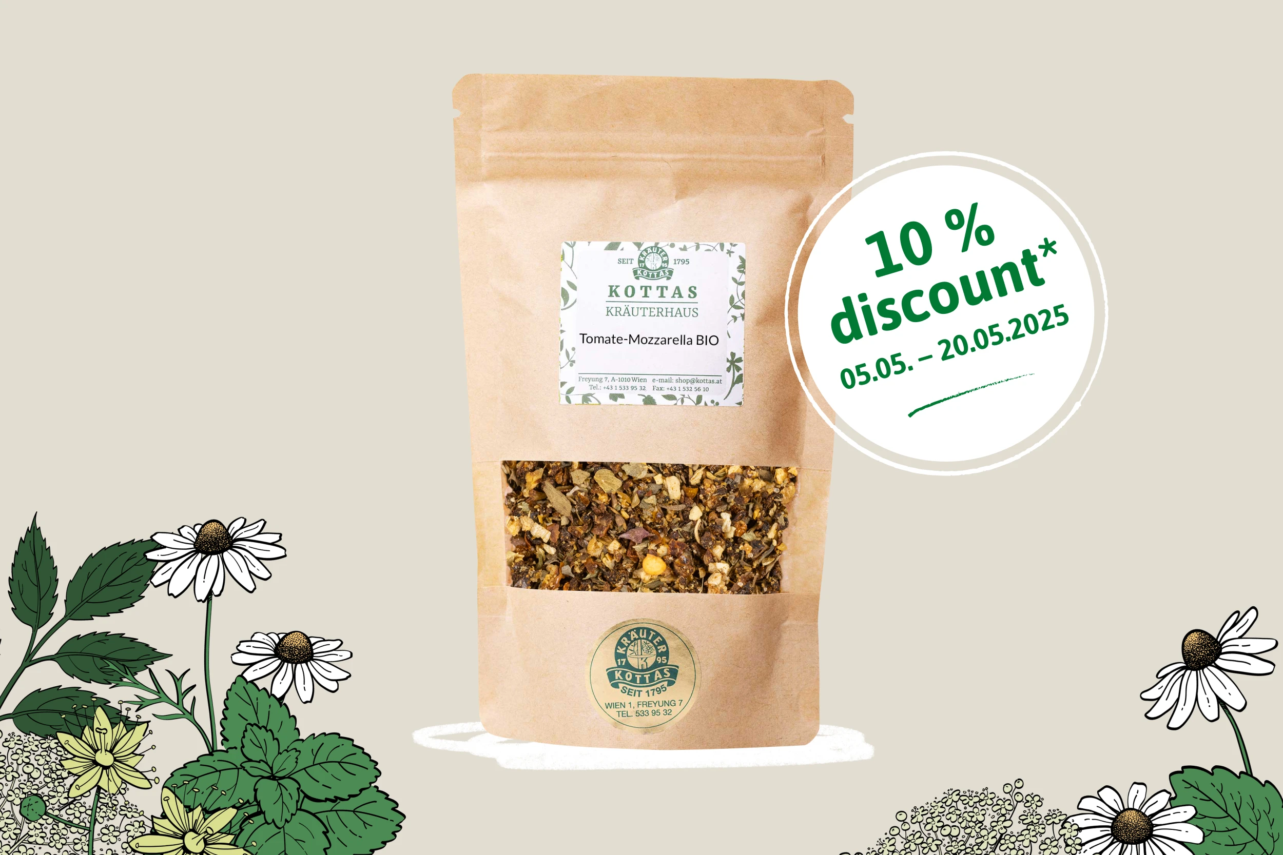 10% discount on the KOTTAS Kräuterhaus tomato and mozzarella organic spice mix from 05.05. to 20.05.2025