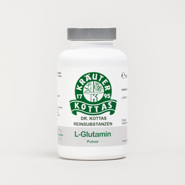 Weiße Dose mit grünem KOTTAS Logo vor grau-beigen Hintergrund mit DR. KOTTAS L-Glutamin Pulver