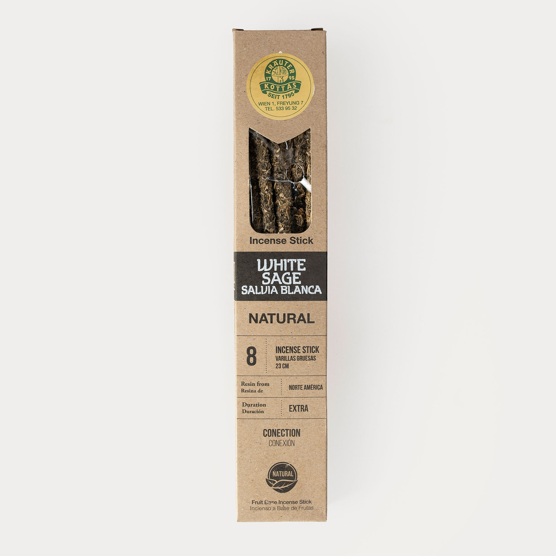 Sagrada-Madre-Natural-Weisser-Salbei Eine Packung Sagrada Madre Räucherstäbchen mit weißem Salbei in brauner Verpackung mit Sichtfenster