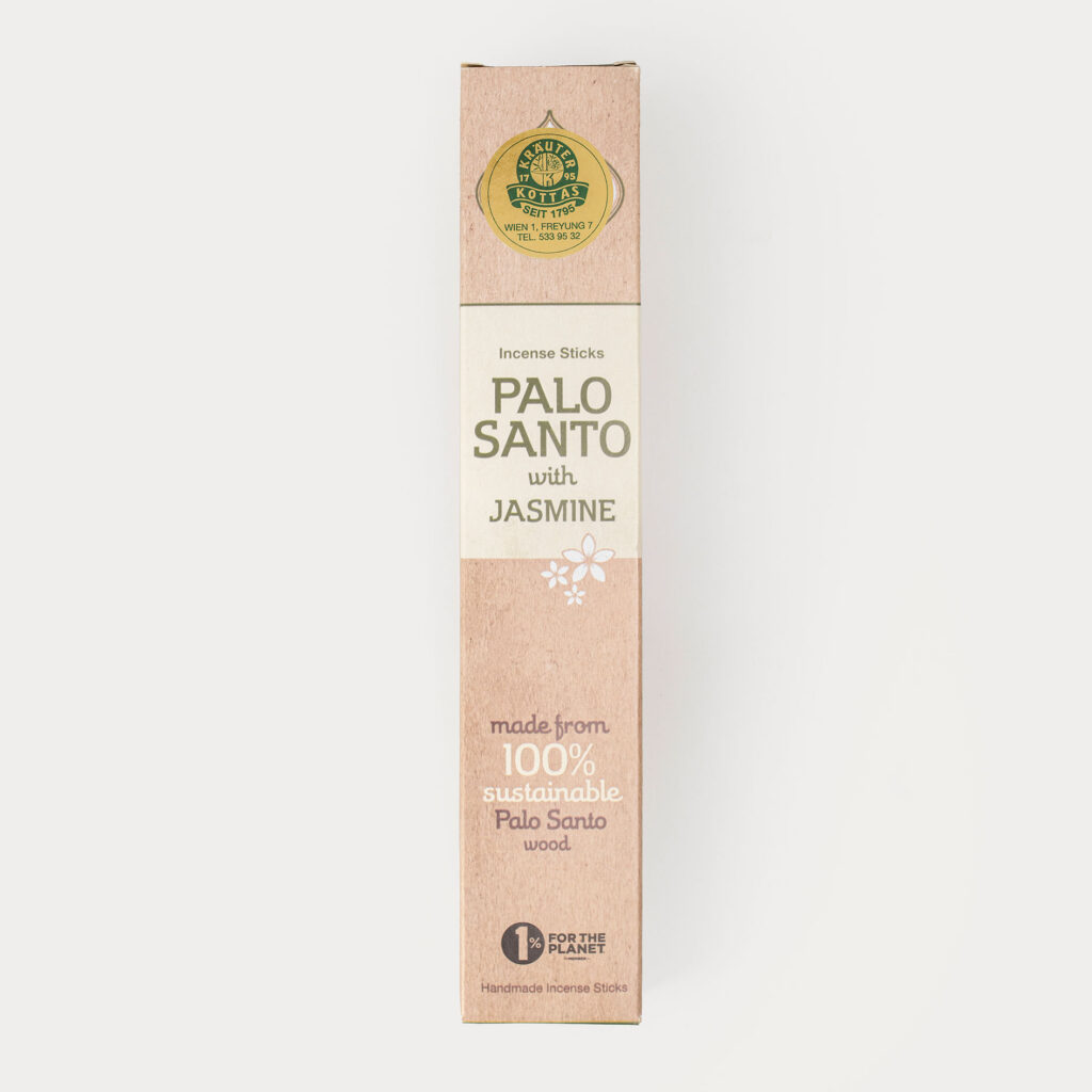 Eine Packung Sagrada Madre Räucherstäbchen mit Palo Santo Holz und Jasmin in brauner, nachhaltiger Verpackung.