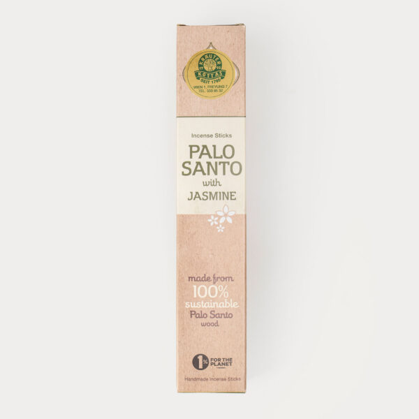 Eine Packung Sagrada Madre Räucherstäbchen mit Palo Santo Holz und Jasmin in brauner, nachhaltiger Verpackung.