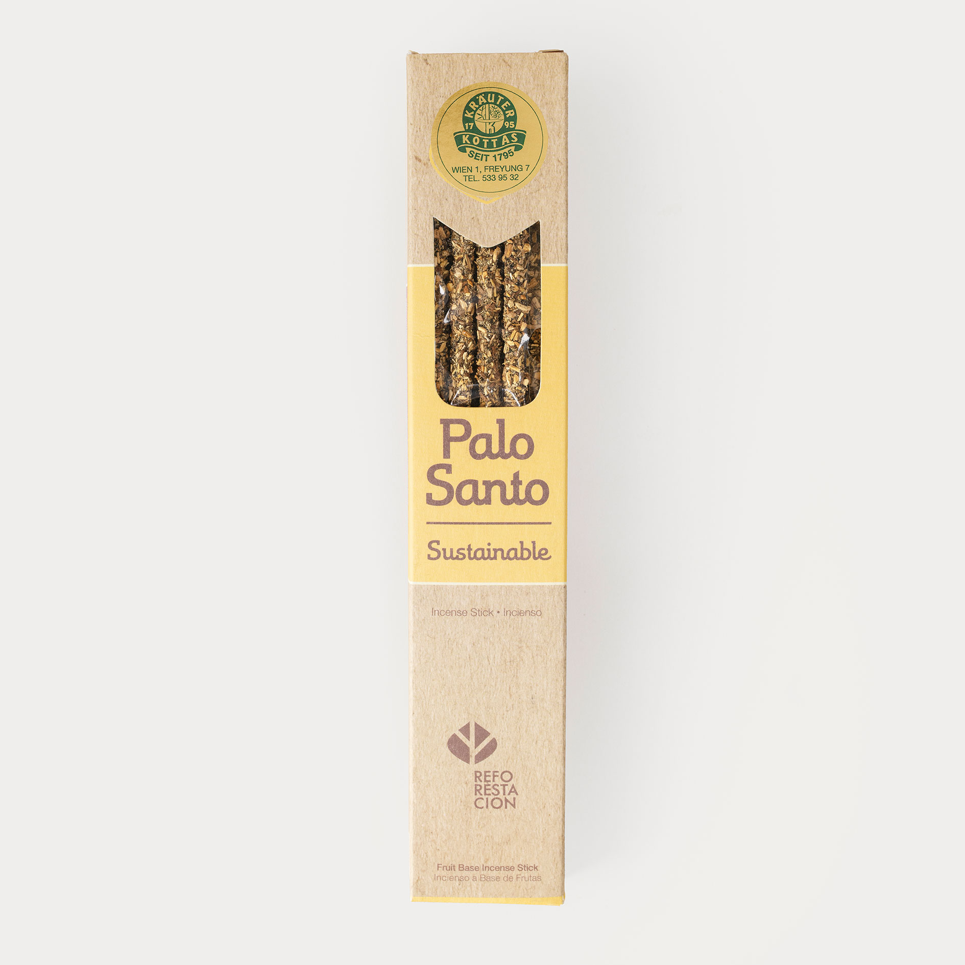 Sagrada-Madre-Palo-Santo-Sustainable Eine Packung Sagrada Madre Räucherstäbchen mit Palo Santo Holz in brauner, nachhaltiger Verpackung mit Sichtfenster
