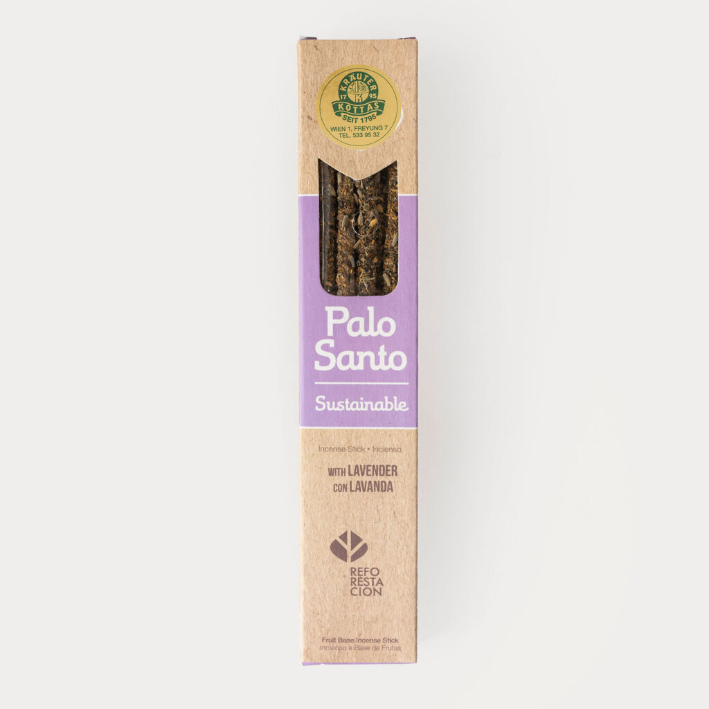 Eine Packung Sagrada Madre Räucherstäbchen mit Palo Santo Holz und Lavendel in brauner, nachhaltiger Verpackung mit Sichtfenster
