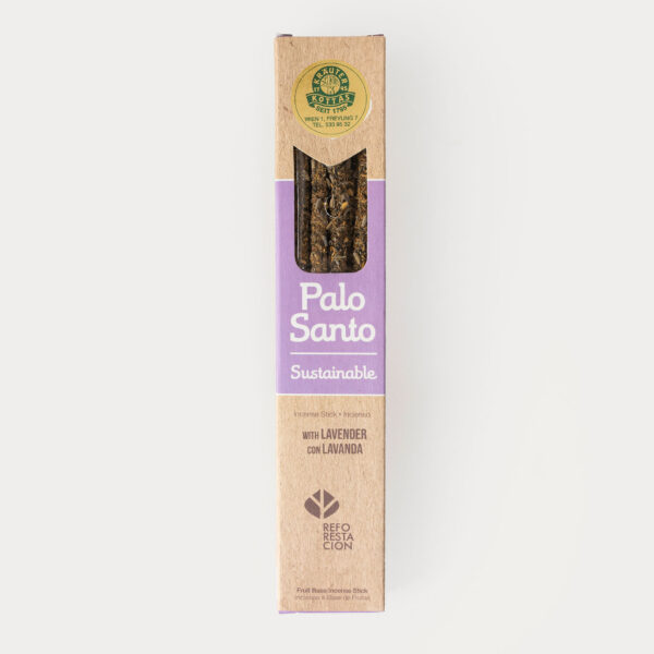 Eine Packung Sagrada Madre Räucherstäbchen mit Palo Santo Holz und Lavendel in brauner, nachhaltiger Verpackung mit Sichtfenster