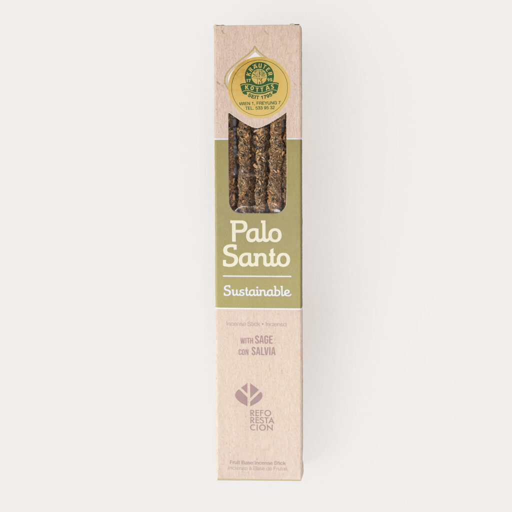 Eine Packung Sagrada Madre Räucherstäbchen mit Palo Santo Holz und Salbei in brauner, nachhaltiger Verpackung mit Sichtfenster.