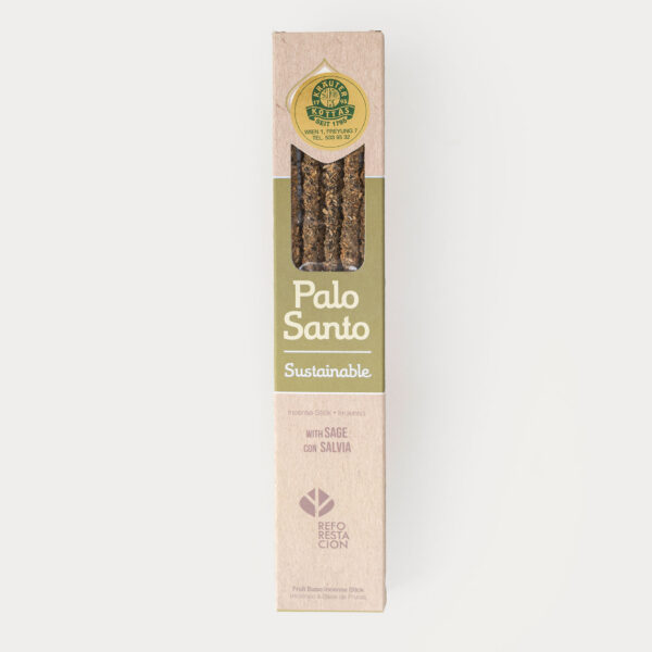 Eine Packung Sagrada Madre Räucherstäbchen mit Palo Santo Holz und Salbei in brauner, nachhaltiger Verpackung mit Sichtfenster.