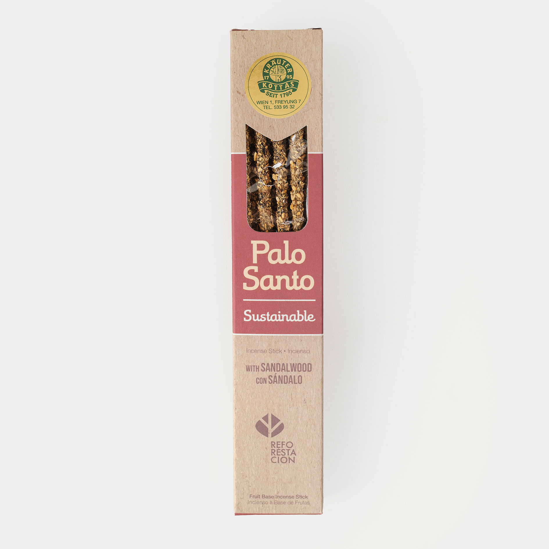 Sagrda-Madre-Palo-Santo-Sustainable-Sandelholz Eine Packung Sagrada Madre Räucherstäbchen mit Palo Santo Holz und Sandelholz in brauner, nachhaltiger Verpackung mit Sichtfenster.
