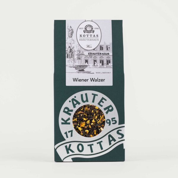 Grüne Packung KOTTAS Kräuterhaus Wiener Walzer Schwarzteemischung mit Sanddornbeeren und alkoholfreiem Rum-Aroma