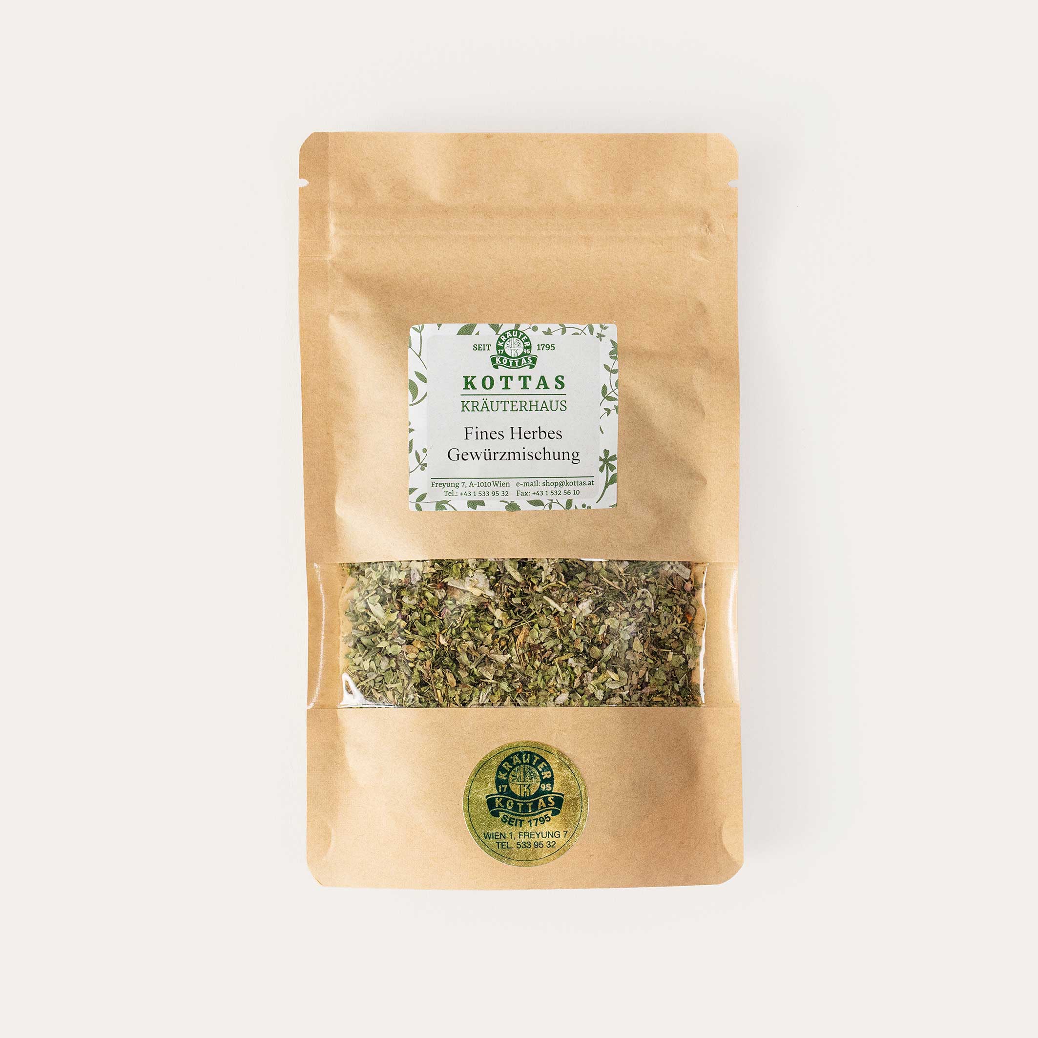 Fines-Herbes-Gewuerzmischung Hellbraune Packung mit KOTTAS Kräuterhaus Fines Herbes Gewürzmischung.